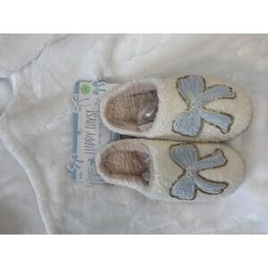 Happy Days Cozy Bow Slippers - Cream with Blue Bow